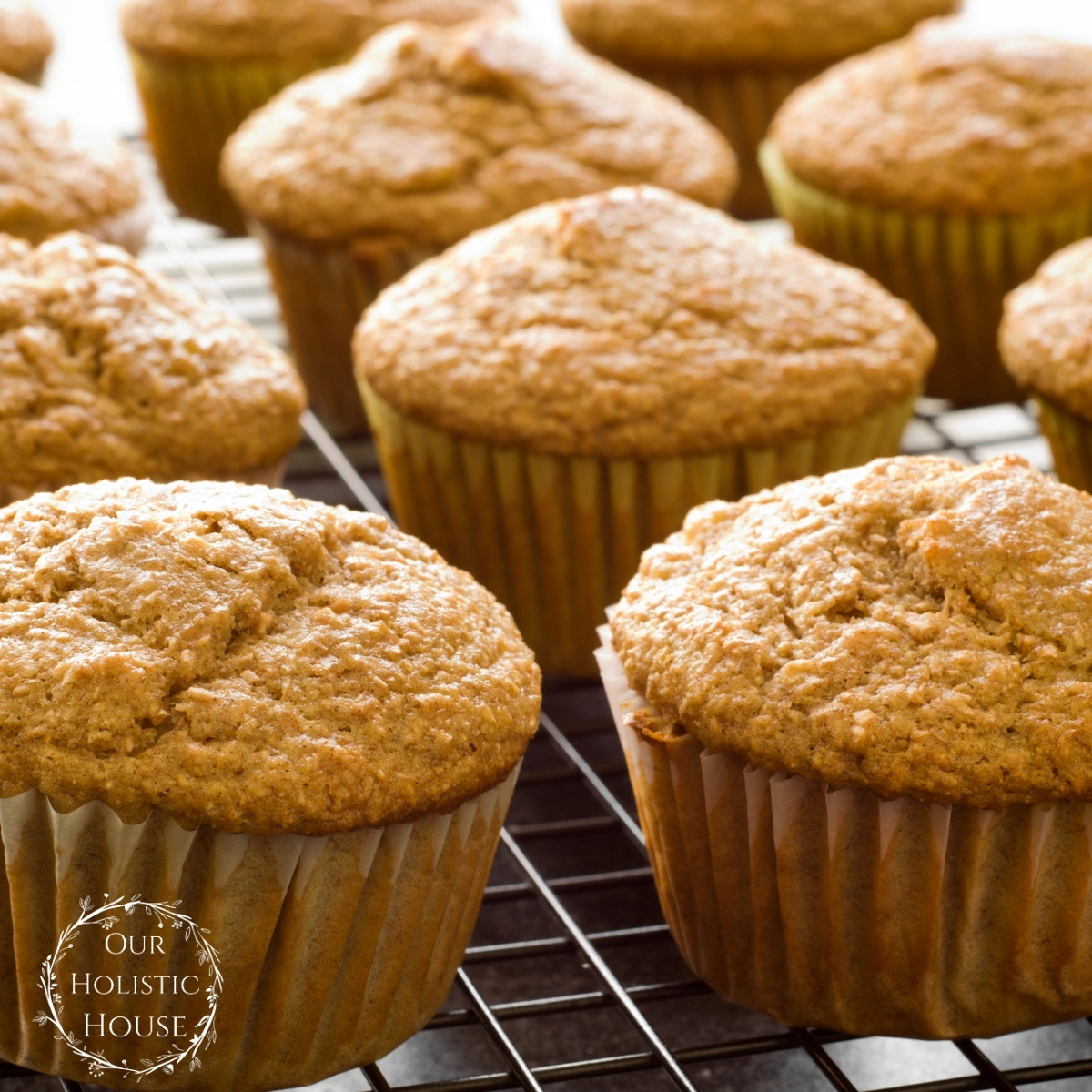 muffins on a cooling rack with the words banana muffins with maple sugar in the foreground