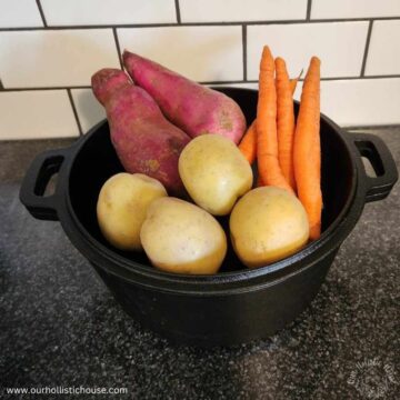 ingredients in a  cast iron pot for a roast. 