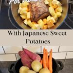 two images - top with pot roast surrounded but potatoes in a cast iron pot. Bottom image of potatoes and carrots