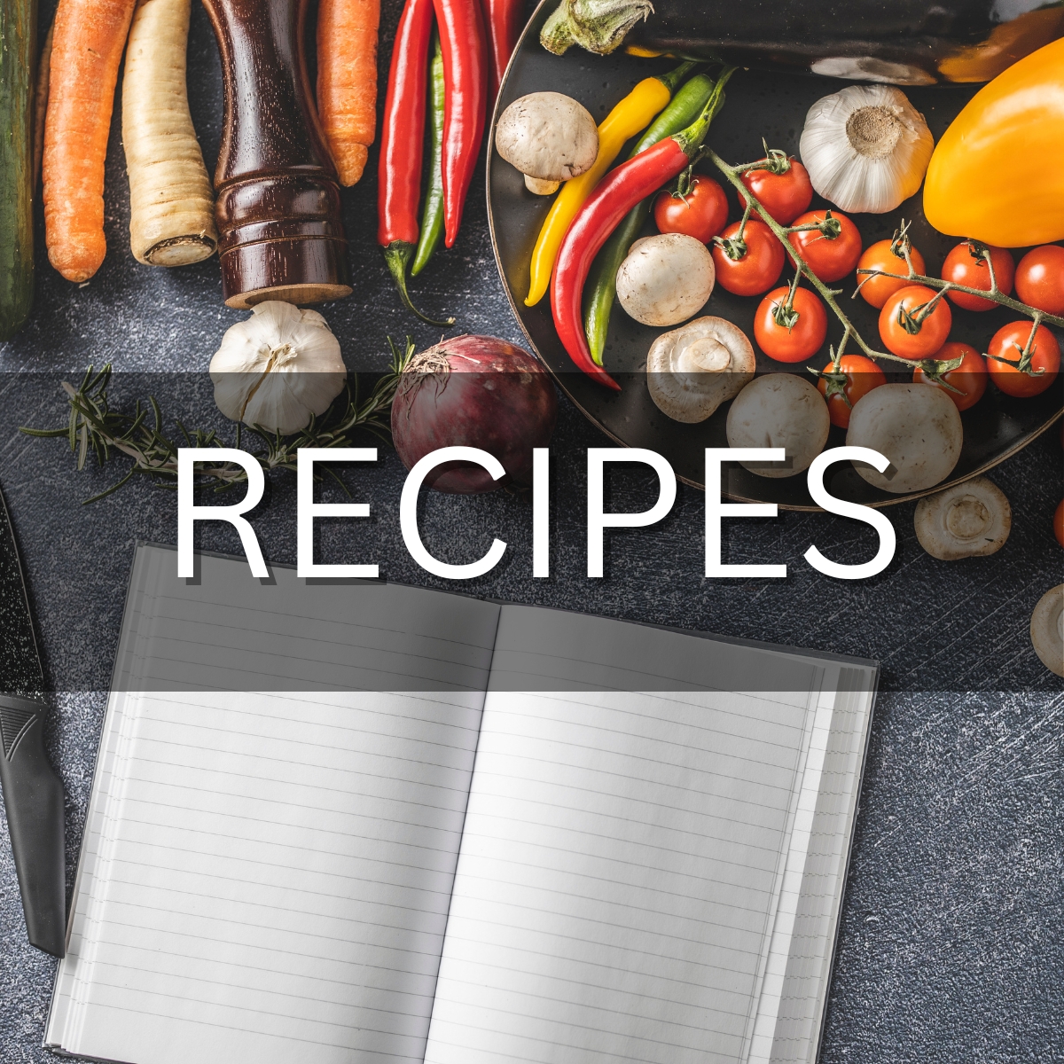 a recipe thumbnail with ingredients on a table with an open notebook