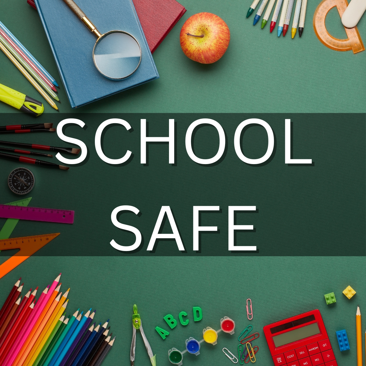 a school safe icon using a green chalkboard as a background with scatter school supplies