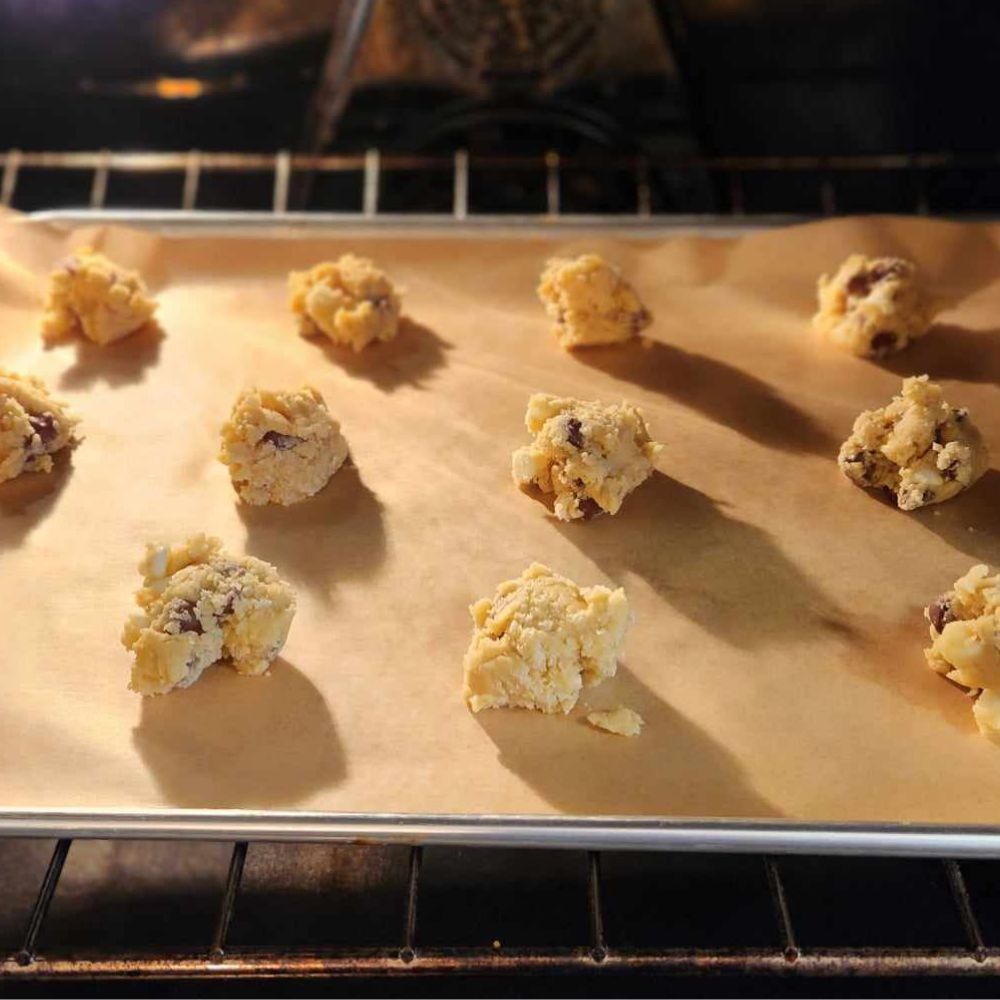 chocolate chip cookies baking in the oven