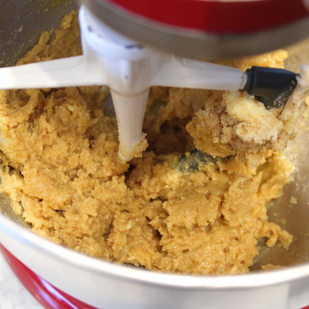 close up of blondie batter in a stand mixer