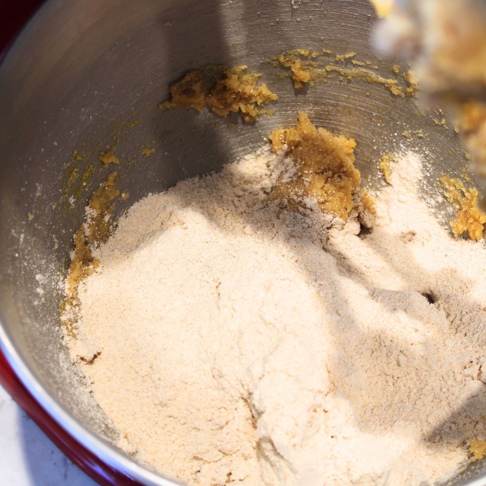 flour added to batter in a stand mixer