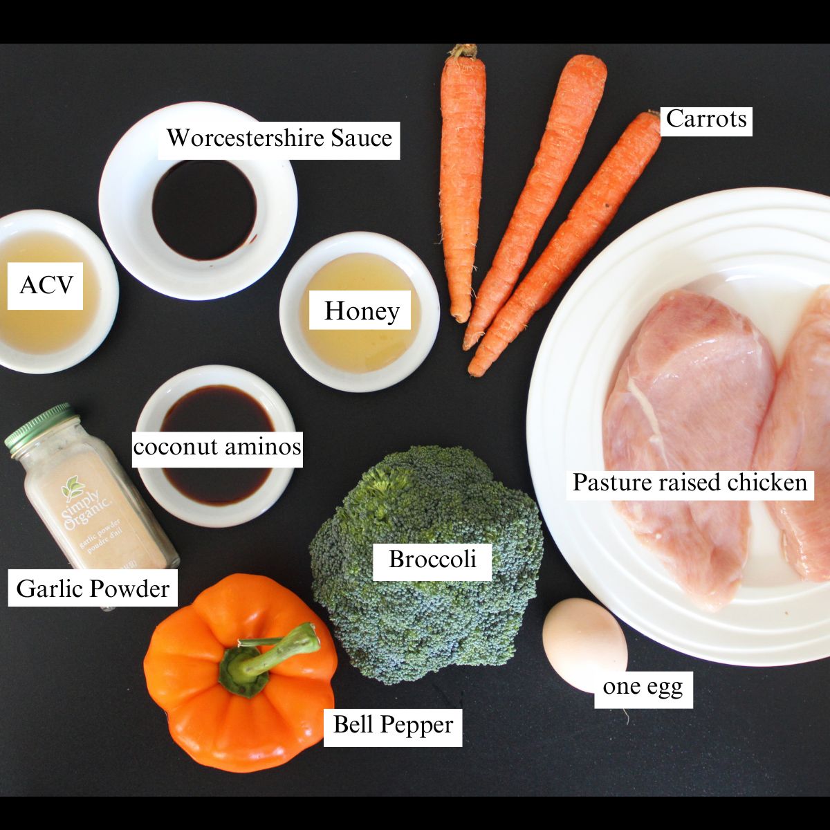 chicken stir fry ingredients laid out and labeled