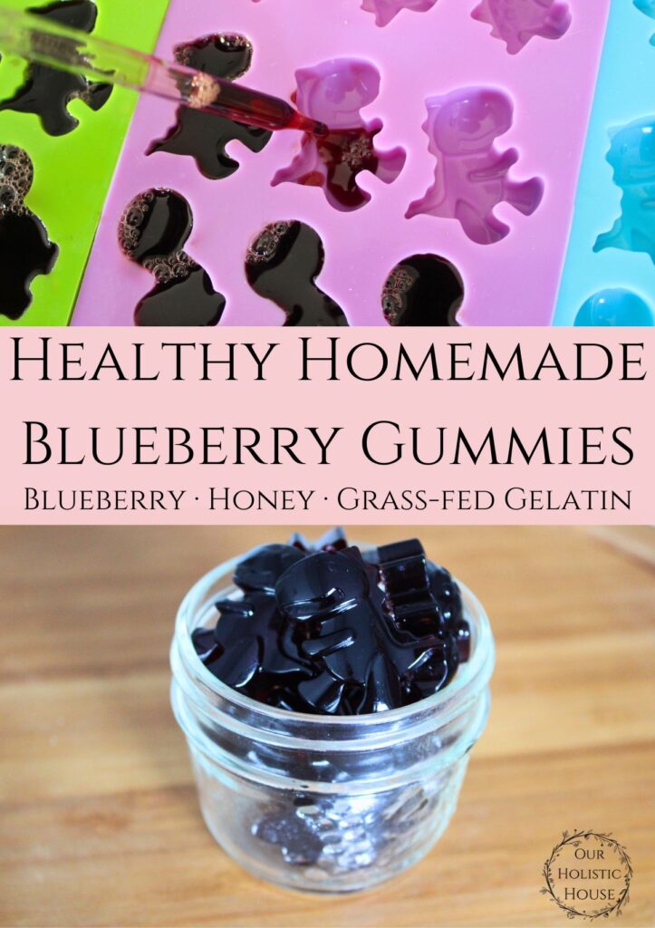 two images. Top image: glass dropper pouring liquid gummies into molds. Bottom picture: homemade blueberry gummies in a glass jar