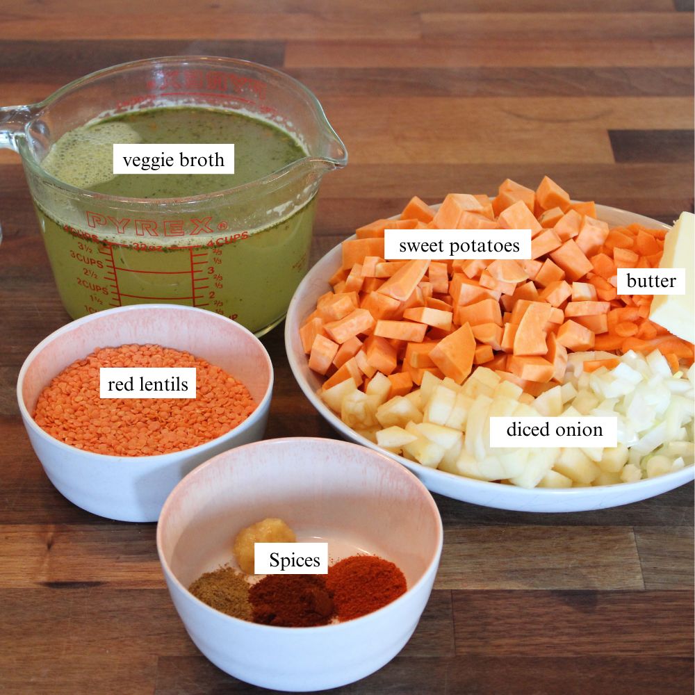 labeled ingredients for red lentil sweet potato soup