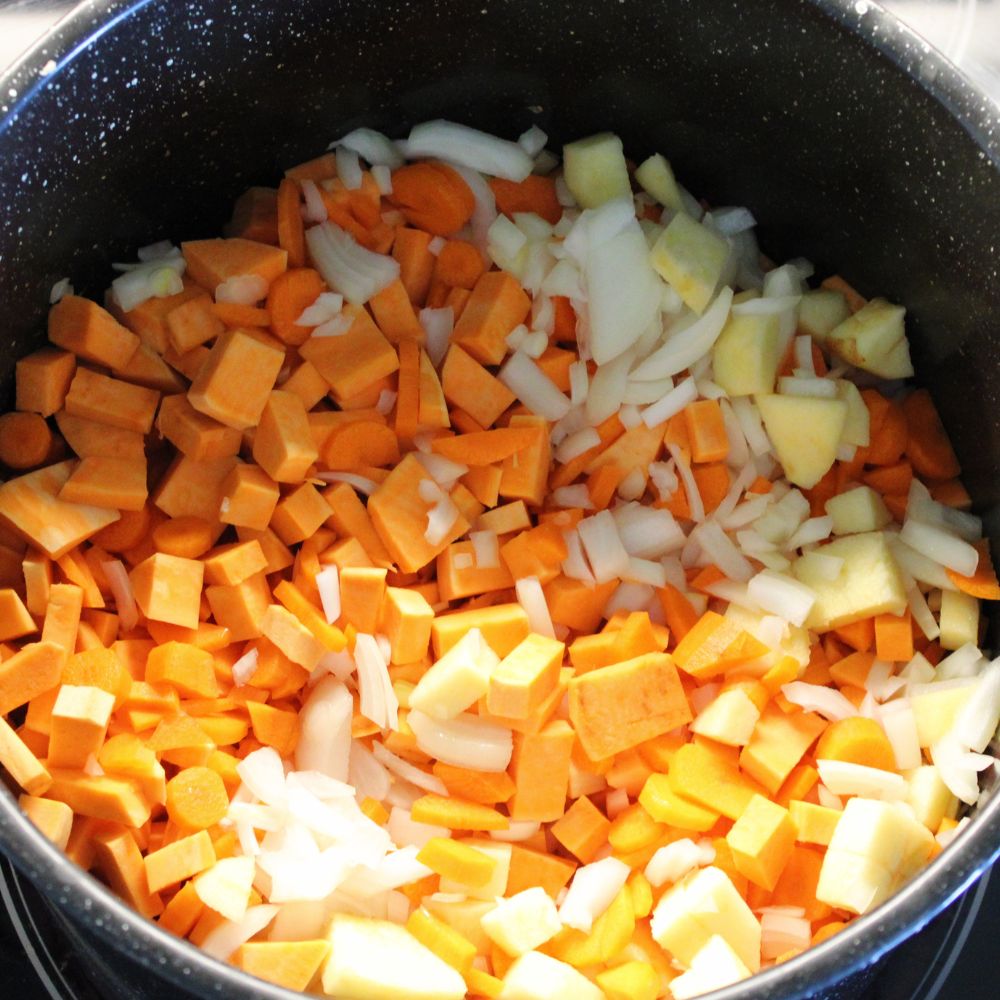 Red Lentil Sweet Potato Soup contents in a pot