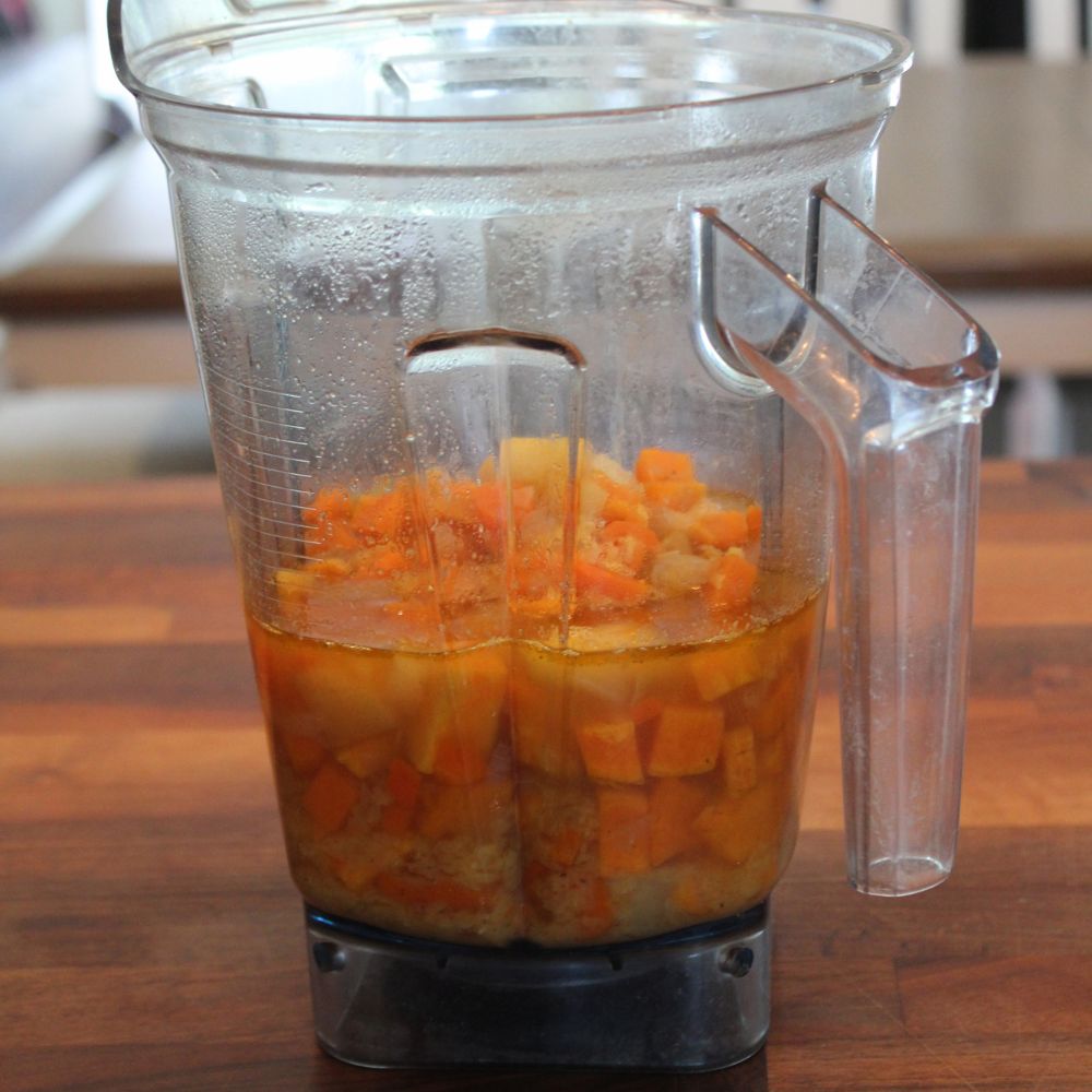 red lentil sweet potato soup in a blender pitcher