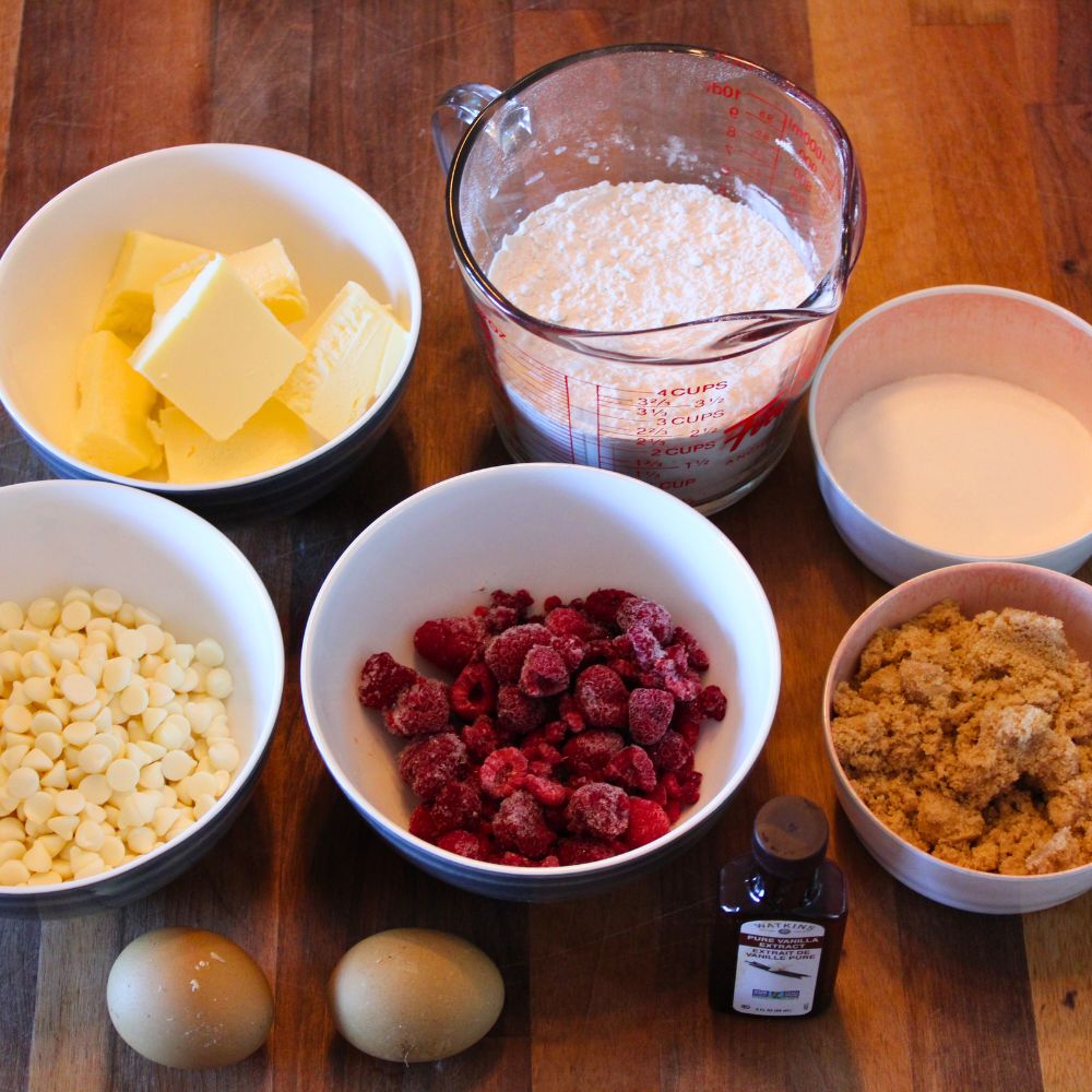 ingredients for white chocolate chip raspberry cookies