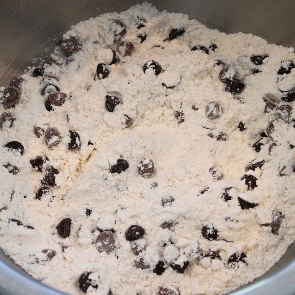 close up of bowl of flour with chocolate chips mixed in