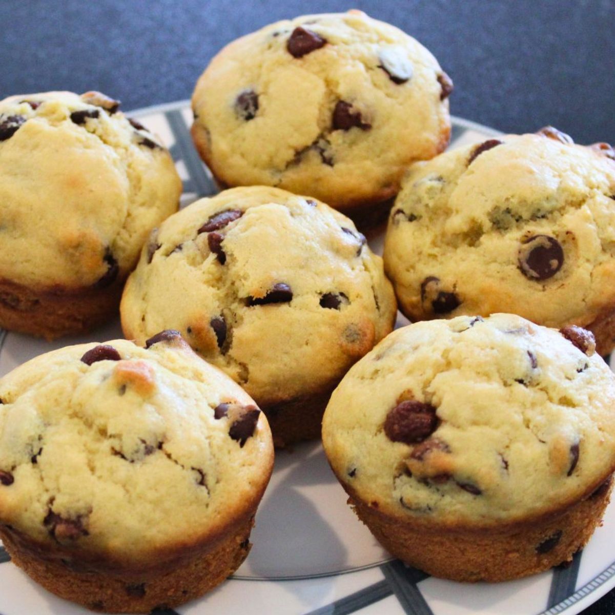 close up of homemade chocolate chip muffins on a plate