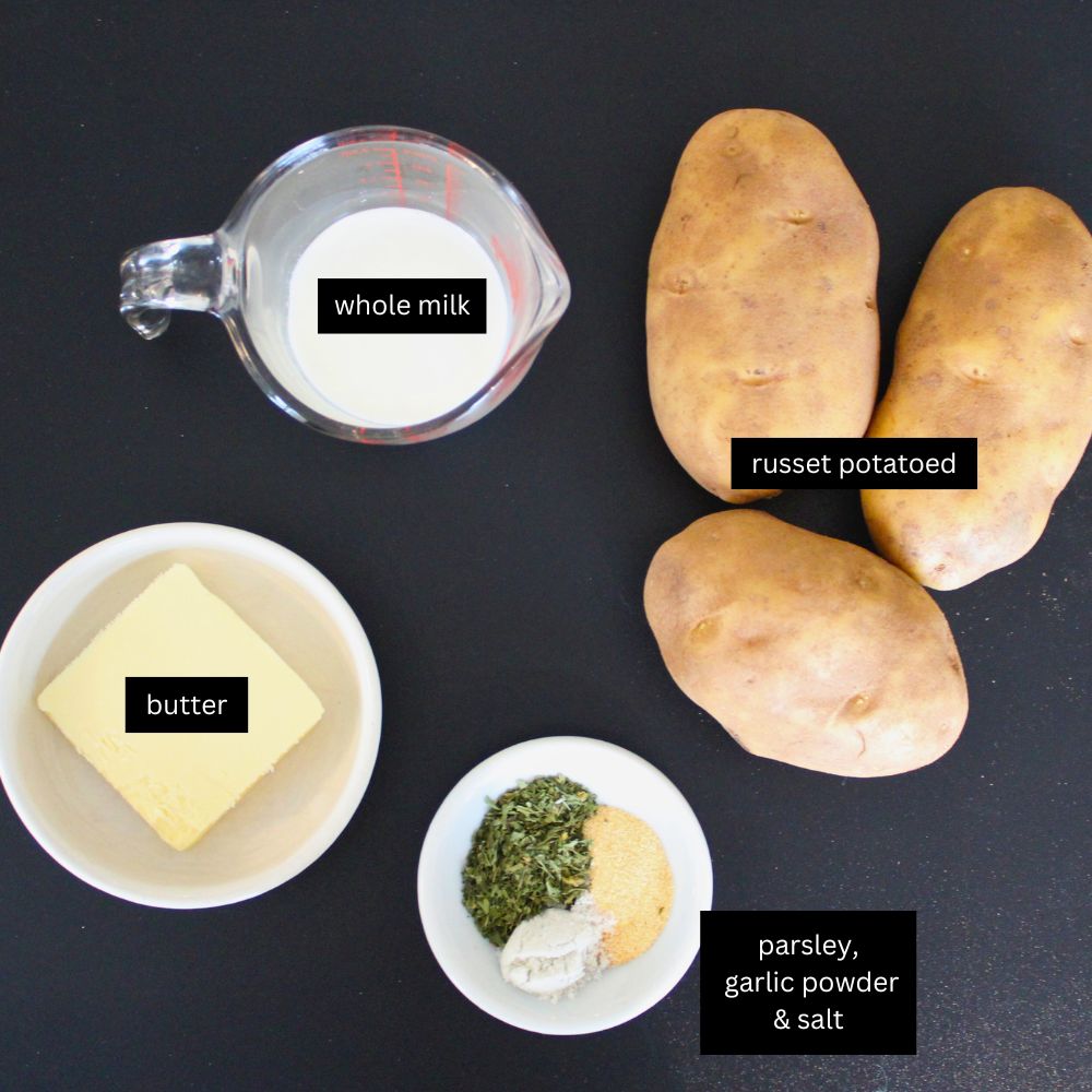 ingredients laid out and labeled for creamy garlic mashed potatoes