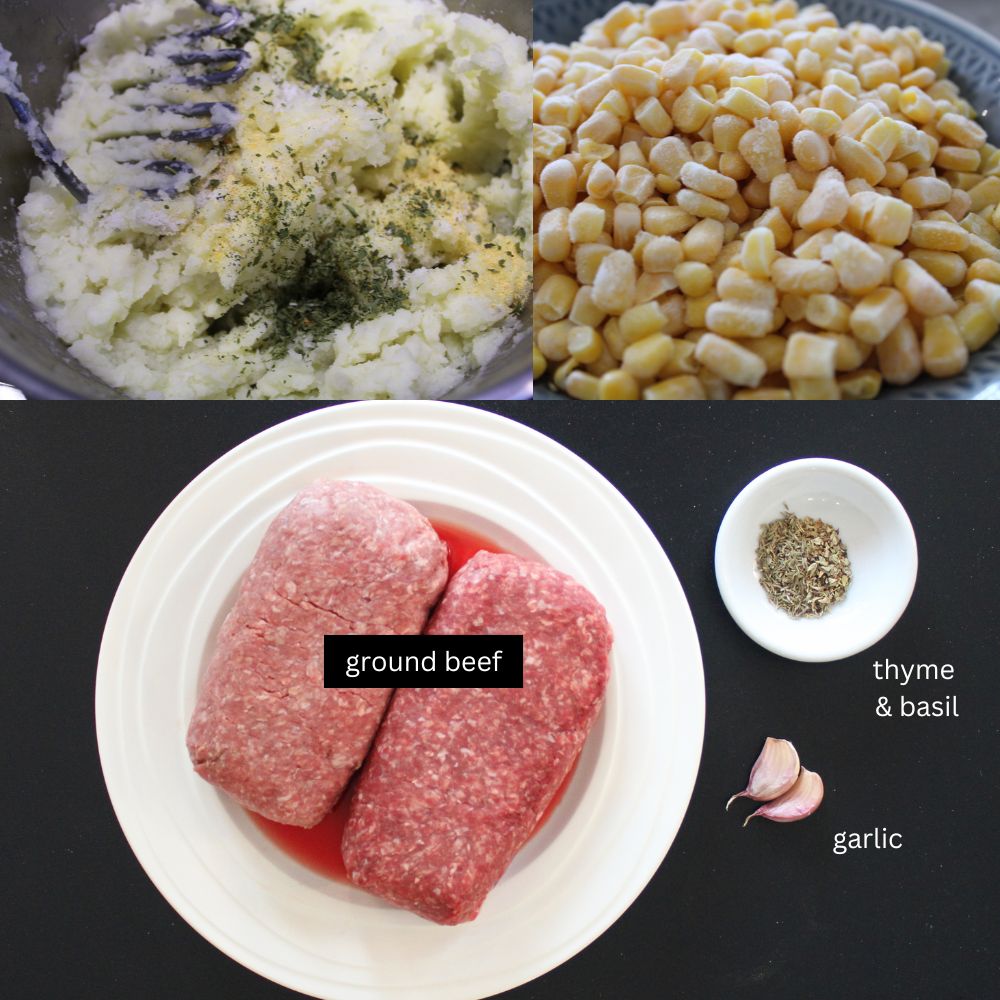 top left: mashed potatoes. Top right: frozen corn. bottom: labeled ground beef, herbs, and garlic