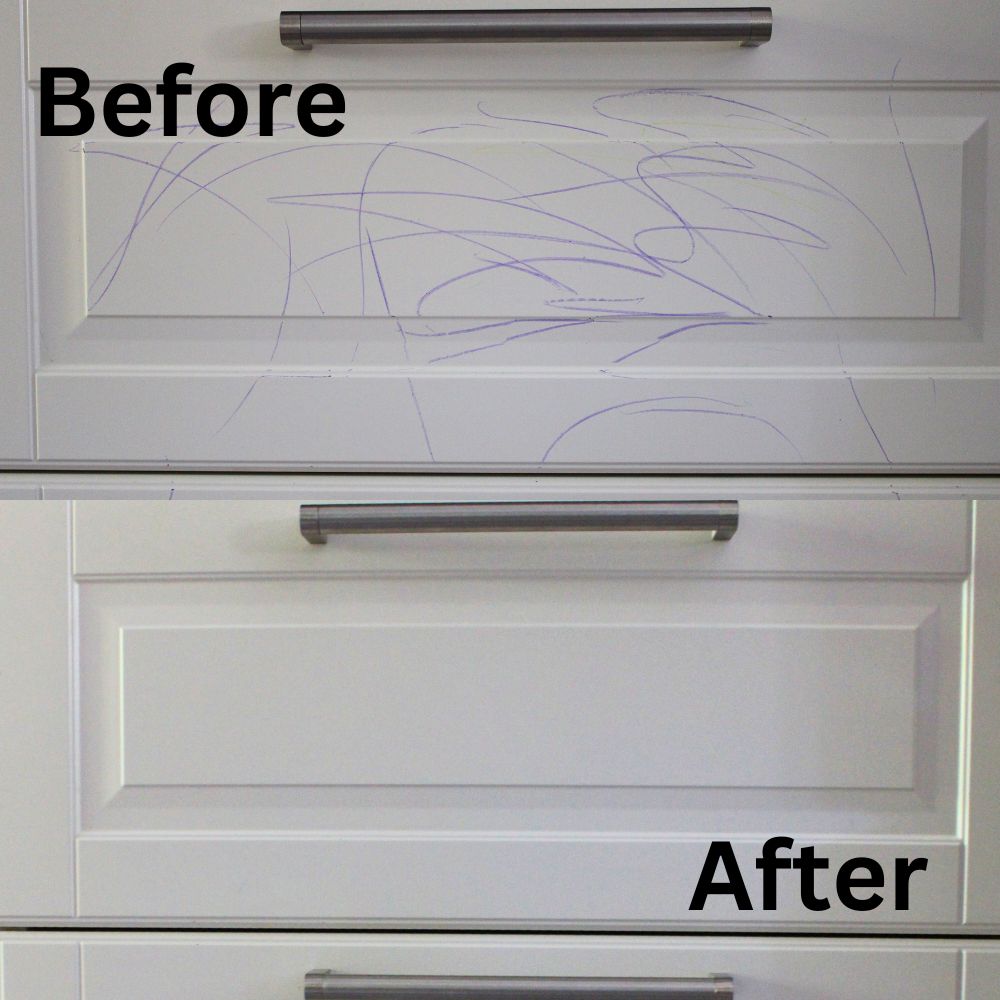 Before and after picture - top picture kitchen cupboard colored with crayon, bottom picture, same kitchen cupboard is clean