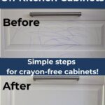 Before and after pictures of crayon on white kitchen cabinets, and then cleaned off. Top text box: "How to Get Crayon Off Kitchen Cabinets", middle text box: "simple steps for crayon free cabinets". Bottom text box: ourholistichouse.com